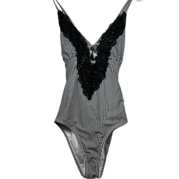 Cupshe One Piece Swimsuit Small Black White Stripe Lace V-Neck Tie Back Cutout - Picture 1 of 9